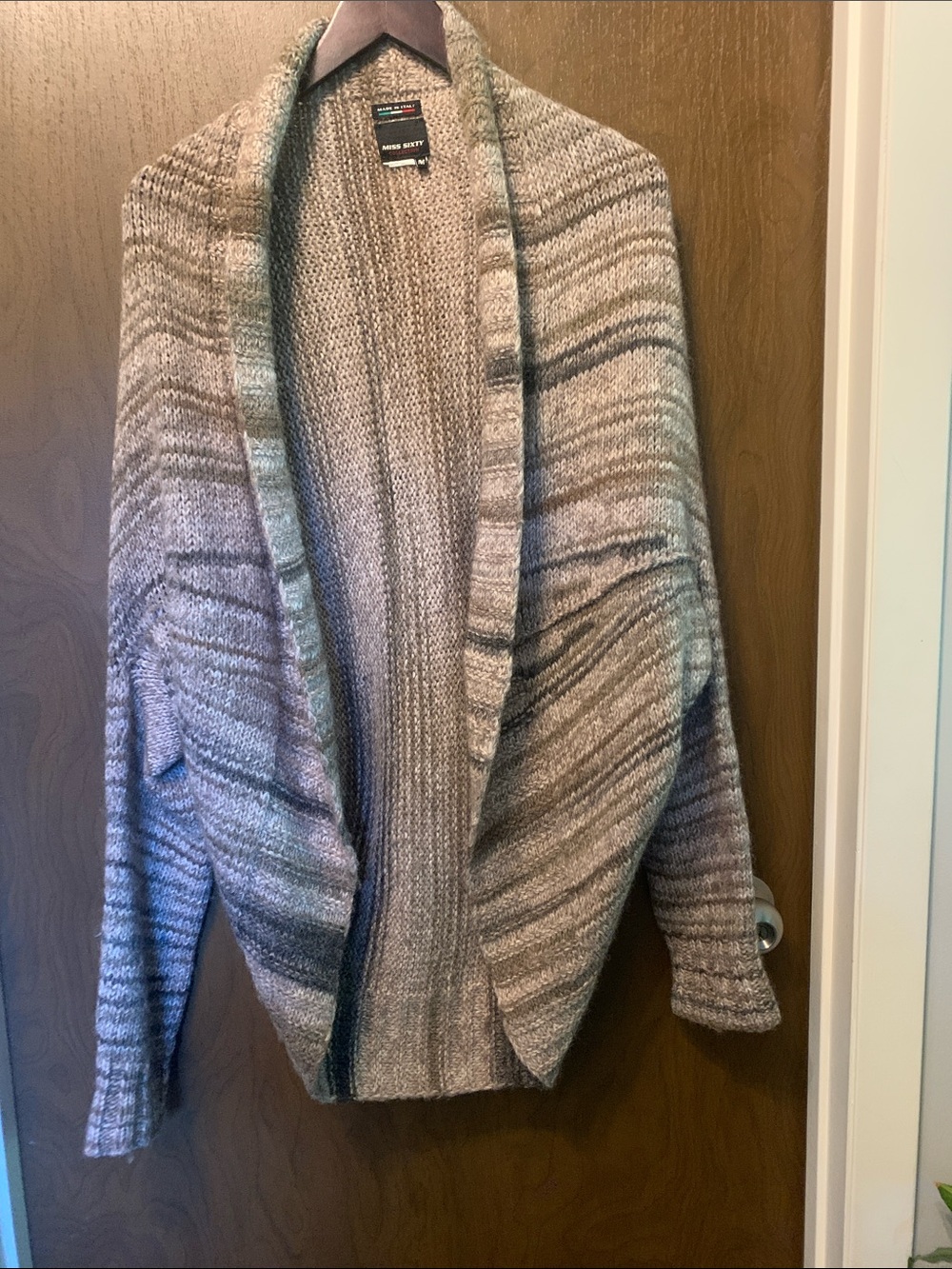 Miss Sixty Taupe and Cream Striped Shawl-Collar Cardigan